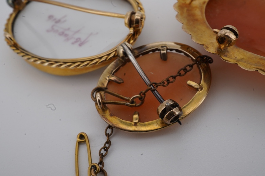Three brooches, comprising: two shell cameo brooches, each mounted in 9ct gold, largest 4.5cm; and an enamel brooch depicting a pheasant, mounted in gold, length 3.7cm, stamped 9CT